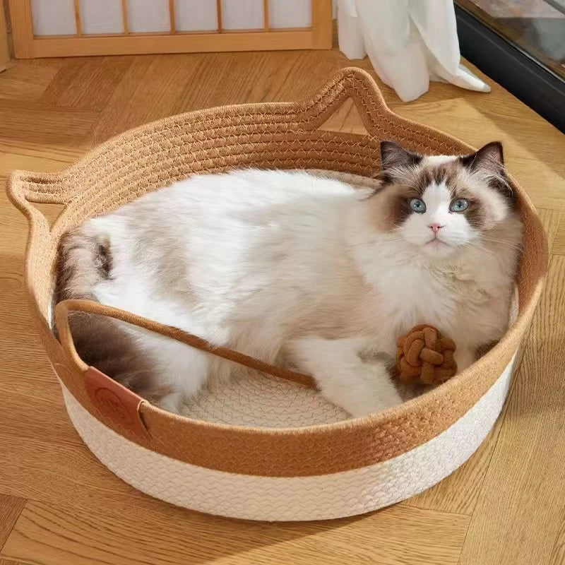 Cama Redonda de Ratán Tejida a Mano para Gatos | Fresca y Resistente